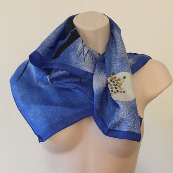 Vintage 80s Silk Scarf  Embellishment gems​ - Picture 2 of 7